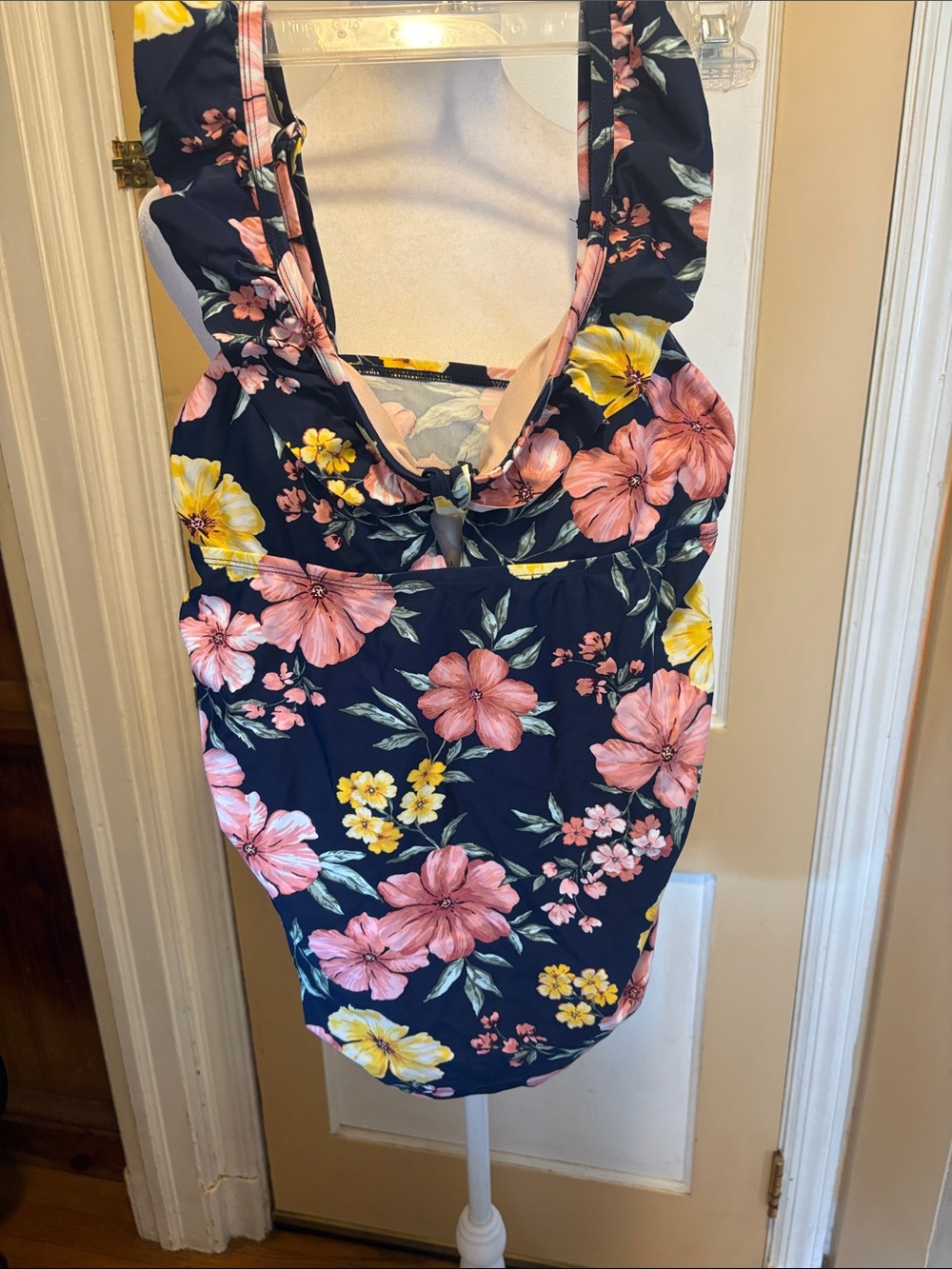 Women's Navy Floral Tie-Front Tankini Top